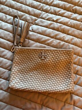 Tory Burch Gray Woven Leather Wristlet with Tassel